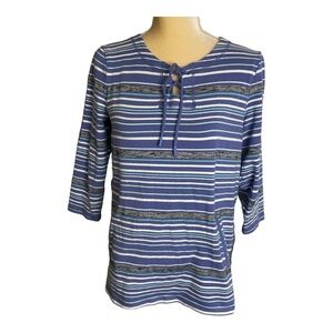 T‎ by Talbots Knit Top Striped V-Neck Cotton Stretch Size M Blue Purple